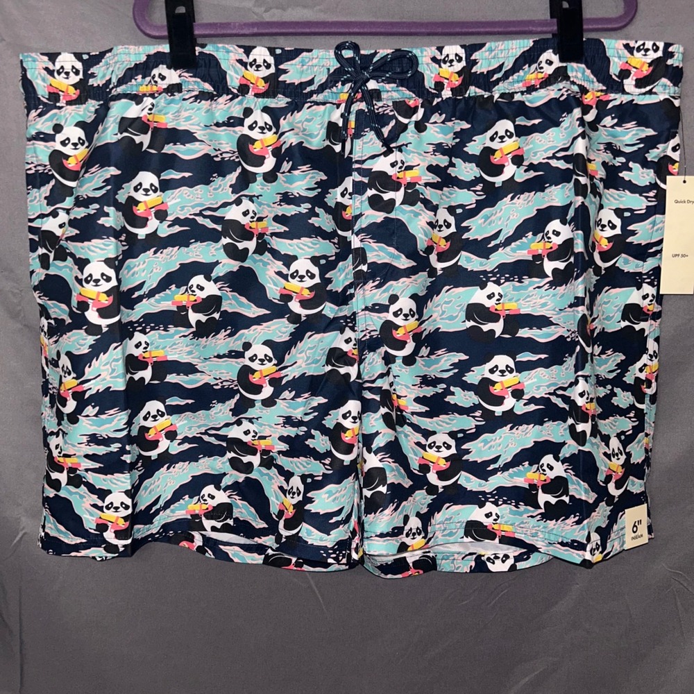 No Boundaries Mens‎ 3XL Panda Swim Trunks Blue Water Blaster 6" Inseam NWT